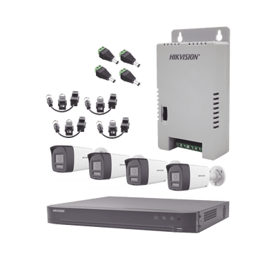 Kit Audio Bidireccional TurboHD 4K-3K / DVR 4 Canales 4K / 4 Cámaras Bala (Exterior) con Bocina y Microfóno Integrado 3K / 1 Fuentes de Poder / Accesorios