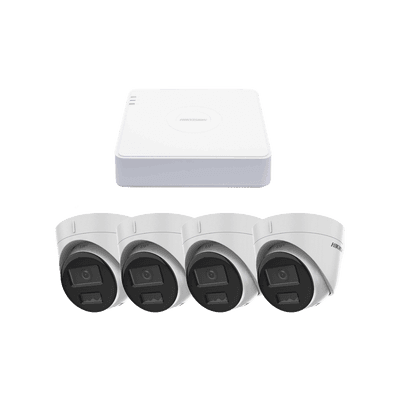 Kit IP 1080p (2 Megapixel) / NVR de 4 Canales con 4 Puertos PoE / 4 Cámaras IP Turret con Micrófono Integrado / ColorVu y ACUSENSE Lite