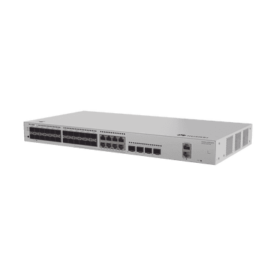 Switch de Distribución/Core Gigabit Administrable  Capa 3 / 24 puertos 1GE SFP ( Combo con 8 Puertos 10/100/1000 Mbps) / 4 Puertos 10GE SFP+ Uplink / ERPS / Rutas Estáticas / iStack / Administración Nube Gratis