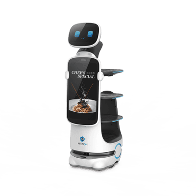 Robot de Servicio Dinerbot T10 / Entregas y Publicidad Multimodal / Autonomía 8 Horas / Carga 40 kg (88 lbs) / Pantalla Táctil 11.6" / Evasión Obstáculos 300° / Velocidad 1 m/s (3.28 ft/s)