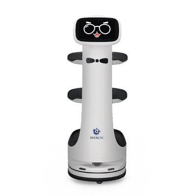 Robot de Entrega Dinerbot T8 / Compacto 38.4x46.8x111.1 cm (15.1x18.4x43.7 in) / Velocidad 1.0 m/s / Pantalla Táctil 10.1" / 3 Capas / Capacidad 20 kg (44 lbs) / Batería 15-18 Horas