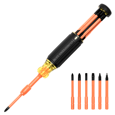 Destornillador Aislado 6-en-1 Auto-Lock / Aislado 1000V CAT III / Almohadilla de agarre / Almacenamiento de brocas integrado / Bits Philips #1 #2 / Slotted 3/16" 1/4" / Square #1 #2