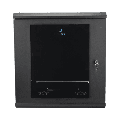 Gabinete Rack de Pared 12 Unidades / 19 Pulgadas / Ventilado / Puerta de Vidrio / Acero Calibre 18 / Carga 100 Kg / 635 x 606 x 612 mm (25 x 23.9 x 24.1 in) / Pintura Electrostática / Negro