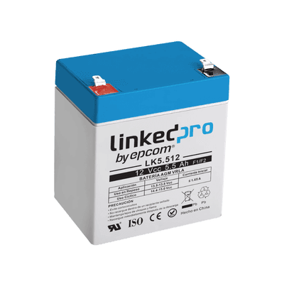 Batería 12 V / 5.5 Ah / UL / Vida útil promedio 5 años / Tecnología AGM / Para uso en equipo electrónico, Alarmas de Intrusión / Incendio/ Control de acceso / Video Vigilancia / Terminales F1 ( Incluye adaptador F