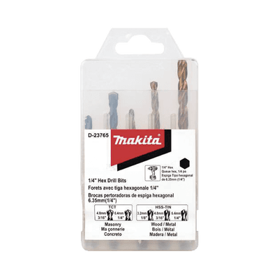 Juego de 5 Brocas con Inserción Hexagonal de 1/4". De concreto: 3/16" y 1/4". Para metal: 1/8", 3/16" y 1/4".