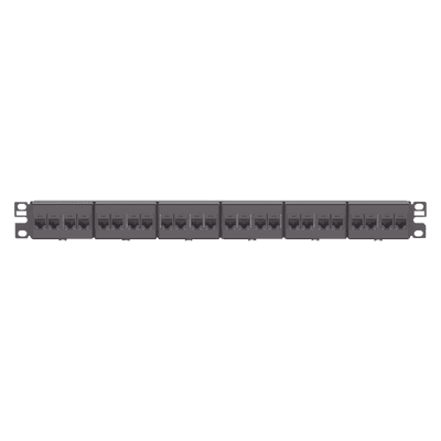Panel de Parcheo con 24 Acopladores Mini-Com, Plano, Categoría 6, de 1 UR, Color Negro