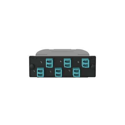 Casete OptiCom de Fibra Óptica Multimodo OM4, Con Conector MPO a 6 LC Duplex, Polaridad Método A, Pérdida de Inserción Estándar