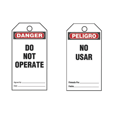 Paquete de 25 Etiquetas de Seguridad, Con Texto "Peligro, No Usar", de 76 x 146 mm, Color Negro Sobre Blanco