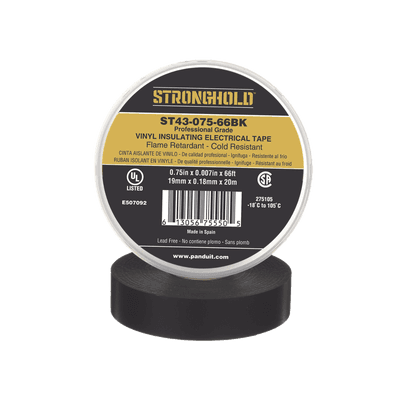 Cinta Eléctrica STRONGHOLD para Aislar, de PVC, Uso Profesional en Construcción Eléctrica, Grosor 0.18mm (7 mil), Ancho 19mm, y 20m Largo, Color Negro.