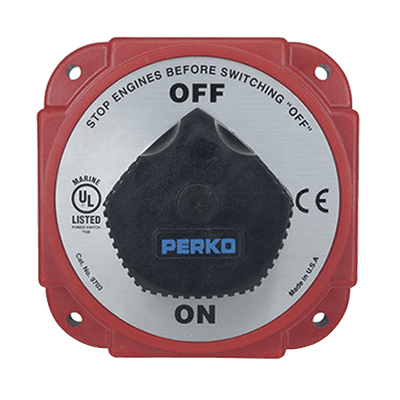 Interruptor Desconexión Batería 9703 con Desconexión Campo Alternador, 480 Amperios Continuos, 1200 Amperios Intermitentes, 6-32 VDC, Terminales 1/2 Pulgada, Montaje Marino