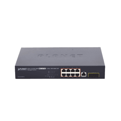 Switch Administrable Capa 2, 8 Puertos PoE 802.3af/at Gigabit, 140 W Max, 2 Puertos SFP, Modo Extendido Hasta 250 m, Soporta Administración en Nube CloudNMS ( HW Rev. 3.0 en Adelante).