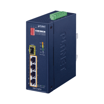 Switch industrial, Temperatura de Operación: -40 a 75ºC, 4 puertos PoE 10/100 + 1 Puerto 100Base-FX