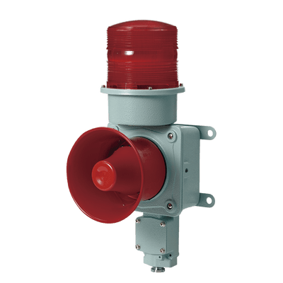 Combinación de baliza LED color roja con sirena electrónica para aplicaciones de la industria pesada  máx.120 dB a 24 VCD