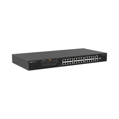 Switch PoE+ no Administrable, hasta 370 Watts Ideal para CCTV, 24 Puertos 10/100 PoE+, 2 Uplinks Gigabit (1 SFP COMBO)
