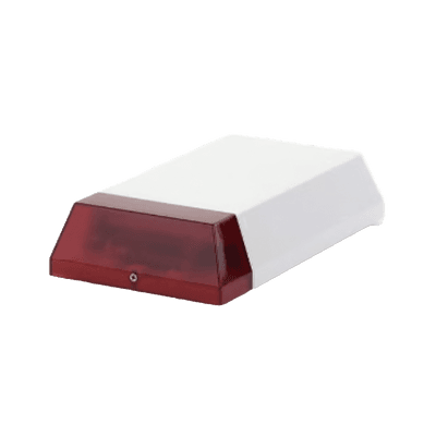 Sirena inalámbrica / Exterior o Interior / Alimentación a batería / Duración de 2 años*/ Con transmisor universal / Compatible con Honeywell, Pima, Crow, DSC, etc