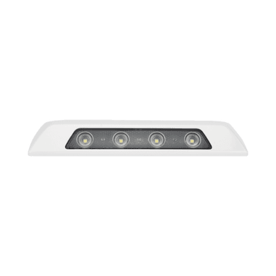 Luz de escena, 4 LED, bisel blanco, 12–24VCD, LED blanco y lente transparente