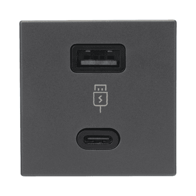 Módulo Doble USB Tipo A+C / Carga Rápida 30W / Color Negro / 45x45 mm / Compatible Torres y Cajas K45