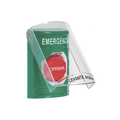 ​​Botón Multipropósito, Color Verde, De Superficie, Con Tapa De Policarbonato, Con Bocina Pre Alarma, Solo Interior, Llave Para Restablecer, Texto De Emergencia, Español