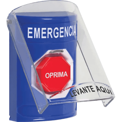 ​Botón Multipropósito, Color Azul, De Superficie, Con Tapa De Policarbonato, Sin Bocina Pre Alarma, Solo Interior, Llave Para Restablecer, Texto De Emergencia, Español