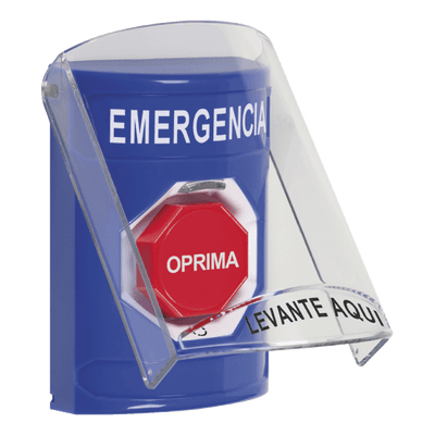 Botón Multipropósito, Color Azul, De Superficie, Con Tapa De Policarbonato, Sin Bocina Prealarma, Para Interior, Girar Para Restablecer, Texto De Emergencia, Español