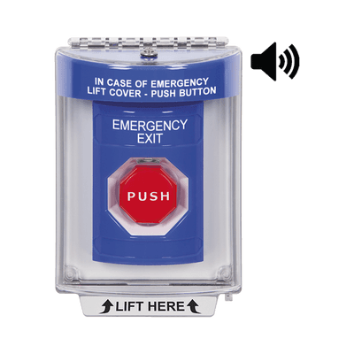 Botón De Salida De Emergencia Con Bocina De Advertencia Integrada, Interior/Exterior, Texto En Ingles, Tapa Protectora De Policarbonato Súper Resistente, Neumático
