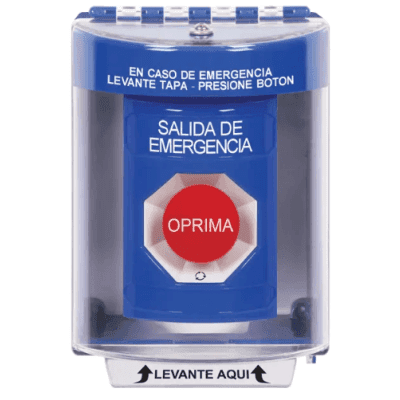 Botón Multipropósito, Color Azul, De Superficie, Con Tapa De Policarbonato, Sin Bocina, Para Interior/Exterior, Llave Para Restablecer, Texto Salida De Emergencia, Español
