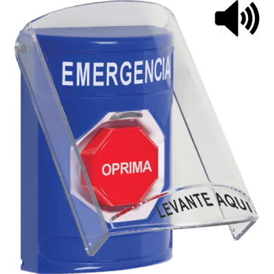 ​Botón Multipropósito, Color Azul, De Superficie, Con Tapa De Policarbonato, Con Bocina Pre Alarma, Solo Interior, Llave Para Restablecer, Texto De Emergencia, Español