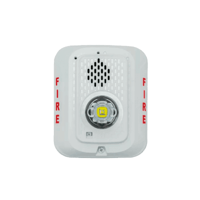 Sirena con Lámpara LED Estroboscópica / a 2 Hilos / Montaje en Pared / 24 Vcd / Configuración Estroboscópica Seleccionable / Texto en Inglés / Color Blanca