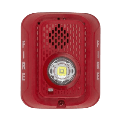 Sirena con Lámpara LED Estroboscópica / a 2 Hilos / Montaje en Pared / 24 Vcd / Configuración Estroboscópica Seleccionable / Texto en Inglés / Color Rojo