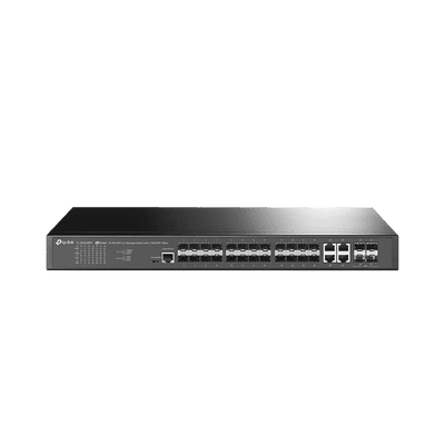 Switch de Fibra Óptica L2+ Omada / 24 puertos SFP 1GE / 4 Puertos Combinados SFP+/RJ45 Gigabit / 2 Puertos Consola RJ45|micro-SUB / Administración Centralizada Omada o Stand-Alone / Compatile con IPv6 /  Multicast IGMP