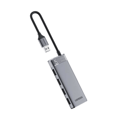 HUB USB-A 3.2 Gen1 4 EN 1 | 4 Puertos USB-A (5Gbps) | Carcasa ABS + PC | Soporta OTG | Luz Indicadora LED | Cable de Nylon Trenzado de 20cm (Mas de 20000 flexiones) | Interfaz Niquelada | Color Gris Metalizado.