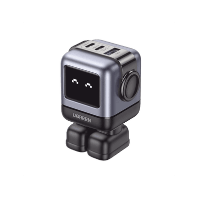 Cargador RobotGaN de 65W Serie UNO | 3 Puertos de Carga Rápida | 2 USB-C | 1 USB-A | PD 3.0 | QC 4.0 | Carga Inteligente | Tecnología GaN II | Zapato Magnético Extraíble | Carcasa Ignífuga | Pantalla LED