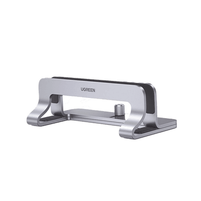 Soporte Vertical para Laptop / Adecuado para escritorio / Anchura Ajustable (12-26mm) / Amplia compatibilidad / Anti-Arañazos / Anti-Deslizante /Ajustable Mediante Tornillos / Color Plata / Aluminio + Silicona