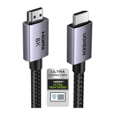 Cable HDMI 2.1 de 8K@60Hz | 2 Metros (6.56 Pies) | 48Gbps | HDR10+ | 3D Inversivo | eARC | Dolby ATMOS | VVR | QMS | QFT | ALLM | 3 Modos de Visualización | Certificado HDMI 8K | Niquelado | Nylon Trenzado | Carcasa de Aluminio