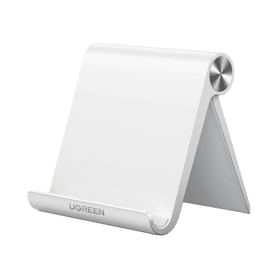 Soporte de Escritorio para Telefono Celular / Ajustable de 0° a 100° / Goma Antiarañazos / Antideslizante / Amplia Compatibilidad con dispositivos de 4'' a 7.9'' / Plegable / ABS / Color Blanco