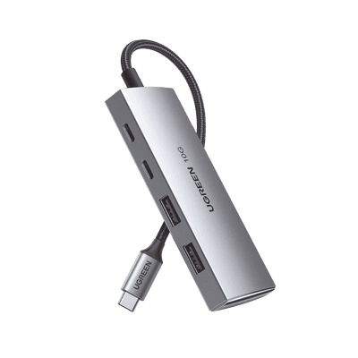 HUB USB-C 3.2 4 en 1 | 2 Puertos USB-C 3.2 (10 Gbps) | 2 Puertos USB-A 3.2 (10 Gbps) |  Admite OTG | Compatible con MacBook, Chormebook, iMac, iPad Pro, iOS, Windows, Mac OS, Android | Carcasa de Aluminio | Nylon Trenzado.