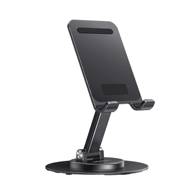 Soporte para Teléfono Celular Giratorio | 360° de Rotación | Angulo Ajustable | Altura Ajustable 17-20cm  | Antideslizante | Ejes Giratorios de Alta Precisión| Plegable | Aluminio | Color Gris