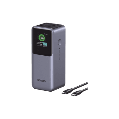 Power Bank de 20000mAh | 3 Salidas 130W Max. | USB-A + 2 USB-C | PD 3.0 | QC3.0 | FCP | SCP | Pantalla Inteligente | Carcasa Ignifuga | Color Gris | Incluye Cable USB de 50cm | Carga tu Laptop de Manera Segura.
