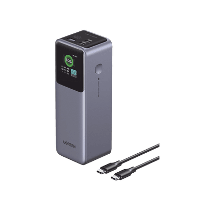 Power Bank de 25000mAh | 3 Salidas 200W Max. | USB-A + 2 USB-C | PD 3.0, QC3.0 | FCP | SCP | Pantalla Inteligente | Carcasa Ignifuga | Color Gris | Incluye Cable USB de 50cm | Carga tu Laptop de Manera Segura.