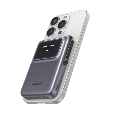 Power Bank Serie UNO Inalambrico | 10000mAh | 7.5W/20W  |  Con Emojis de Estado | Carga Rápida USB-C Bidireccional  | Pantalla TFT  Inteligente | Con Holder | Color Grey.