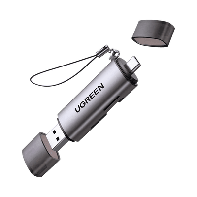 Lector de Tarjetas USB-C + USB-A a MicroSD (TF)/SD | OTG | USB-C 3.1 | 5Gbps | Soporta hasta 2TB | Soporta Windows/Mac OS/Linux/Android | Lectura de Tarjetas Simultánea | Caja de Aluminio | Llavero Anti-perdida.
