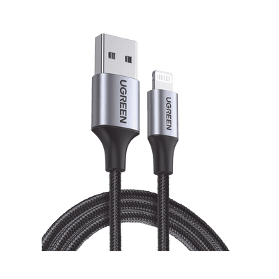 Cable USB-A a Lightning | 1 Metro (3.28 Pies) | Certificado MFi | Carga Rápida 5V/2.4 A | 480 Mbps | Conector C94 | Adecuado para iPhone, iPad y iPod | Protección Integrada | Caja de Aluminio | Nylon Trenzado | Color Negro