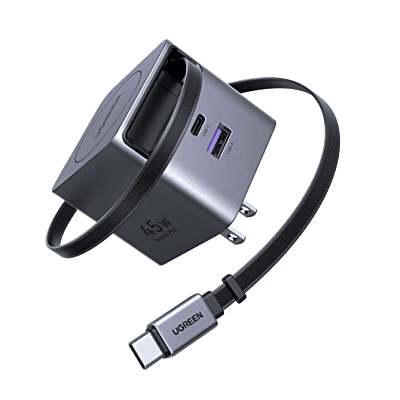 Cargador Rápido UGREEN 45W GaN / Cable Retráctil 0.7m / 3 Puertos USB-C + USB-A / Tecnología GaNInfinity 95% Eficiencia / 8 Capas Protección / Carga Simultánea 3 Dispositivos / Compacto para Viajes