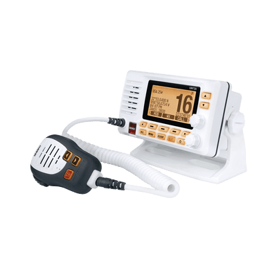 Radio Móvil Marino VHF, color blanco con receptor de GPS integrado, puerto de conexión NMEA 2000, 25W de potencia de RF, sumergible IPX8.