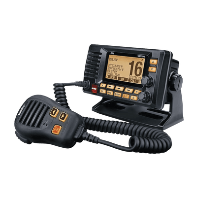 Radio Móvil Marino VHF, color negro con receptor de GPS integrado, puerto de conexión NMEA 2000, 25W de potencia de RF, sumergible IPX8.