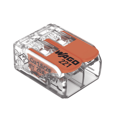 Borna de Conexión / Serie 221 / Palancas Naranja / 2 Conductores 4 mm² / Carcasa Transparente / 300V 20A / T85 / UL ENEC Certificado