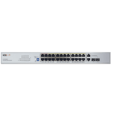 Switch PoE (802.3af/at/bt) / No administrable de largo alcance / Hasta 250m / Con 24 x 10/100Mbps + 2 x SFP Gigabit Combo / 250 W