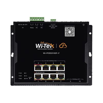 Switch L2 PoE Industrial / Administración Cloud Gratuita / 8 Puertos PoE af/at/bt 10/100/1000 Mbps / 2 Puertos SFP Gigabit / Máx Presupuesto PoE 145 W / Montaje Magnético - Riel DIN.