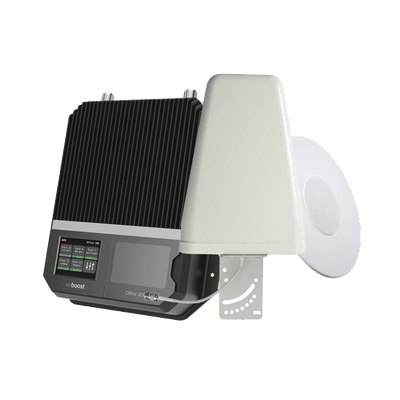 KIT Amplificador de señal celular 4G LTE, 3G y VOZ con antena direccional. Especial para cubrir áreas de hasta 1600 Metros Cuadrados por ser de grado comercial e industrial. Soporta múltiples operadores, tecnologías y usuarios.