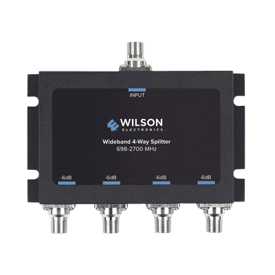 Divisor de potencia de 4 vías para la distribución de señal a dos antenas de servicio | 6 dB de pérdida por puerto | Conectores F hembra